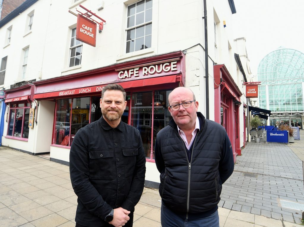 : Matt Crowther (left) with Bill Wareing outside the former Café Rouge on Regent Street in Leamington Spa, where Taverna Meraki will open